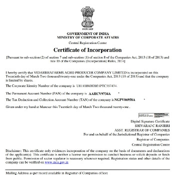 VIDHARBHAFARMS AGRO PRODUCER COMPANY LTD - Certificate of Incorporation in Umarkhed