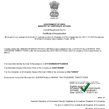 TANDRA INTERIOR PRIVATE LIMITED - Certificate of Incorporation in HOOGHLY