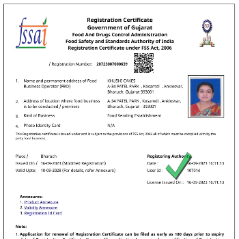 KHUSHI CAKES - fssai license in Ankleshwar