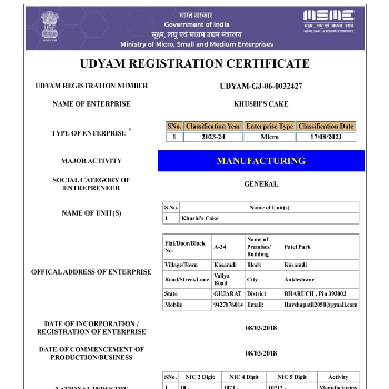 KHUSHI CAKES - MSME Registration in Ankleshwar