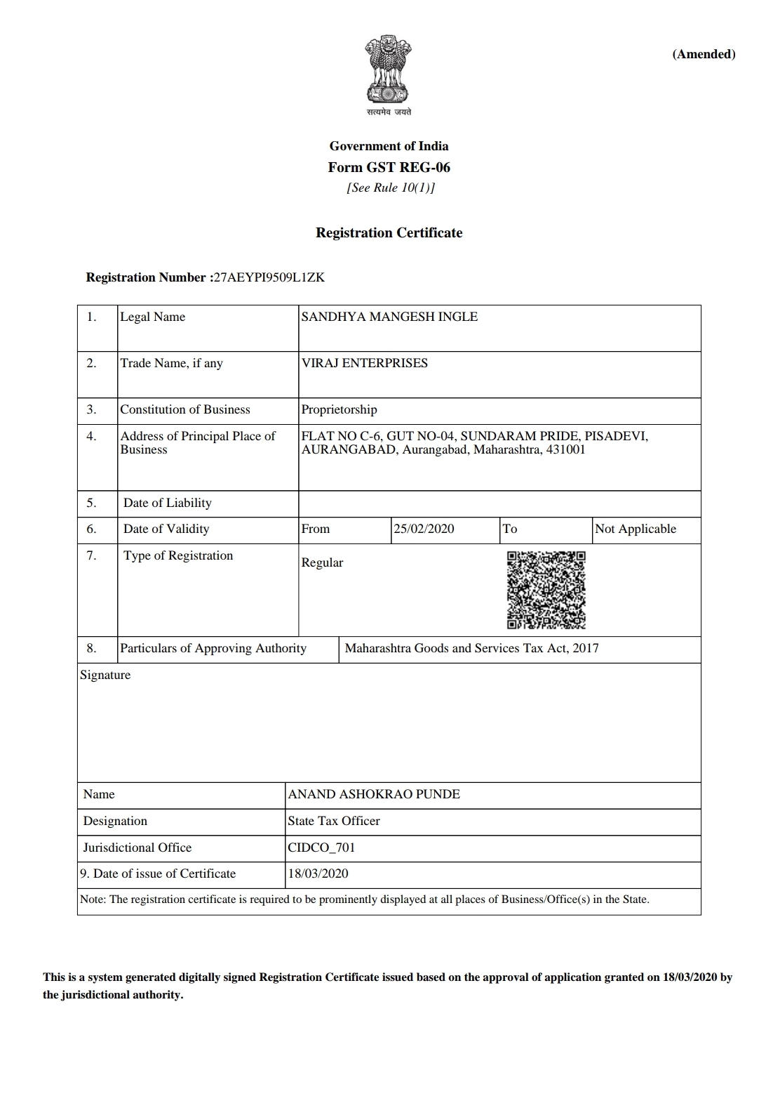 VIRAJ ENTERPRISES - GST CERTIFICATE in Aurangabad