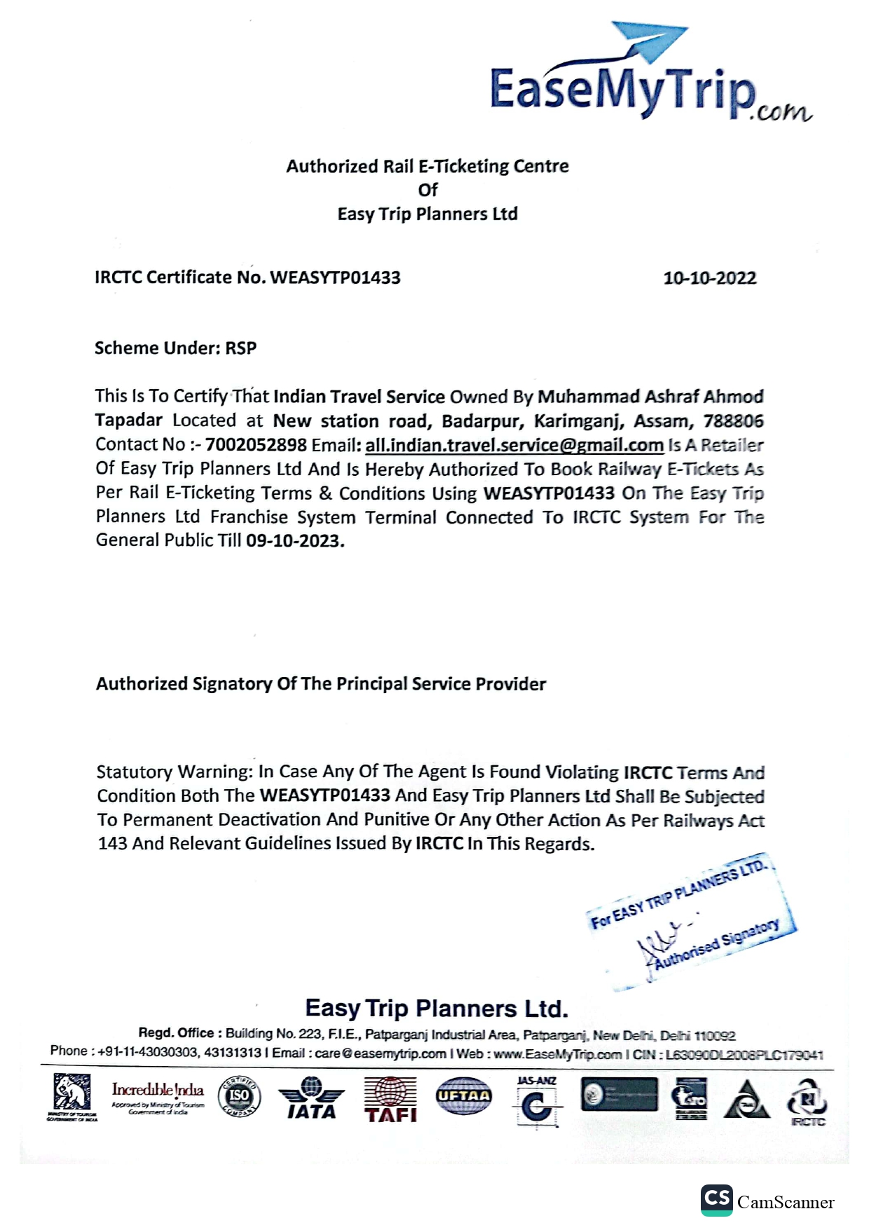 INDIAN TRAVEL SERVICE - Ease My Trip 1st year in BADARPUR
