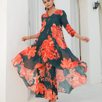VELVET VIBES AURA - Pure Chinon Indo Western Kurti Palazzo Set in Vijayawada