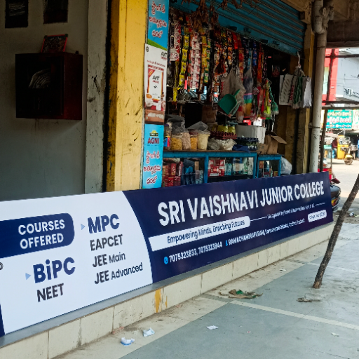 SRI VAISHNAVI JUNIOR COLLEGE building with students in Ramachandrapuram AP, showcasing modern facilities and a welcoming envi - Image 1