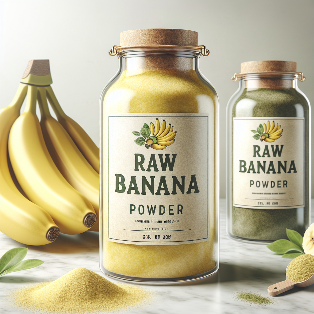 Raw banana powder in a bowl with a spoon, highlighting its fine texture and yellowish color, sourced from fresh bananas, avai