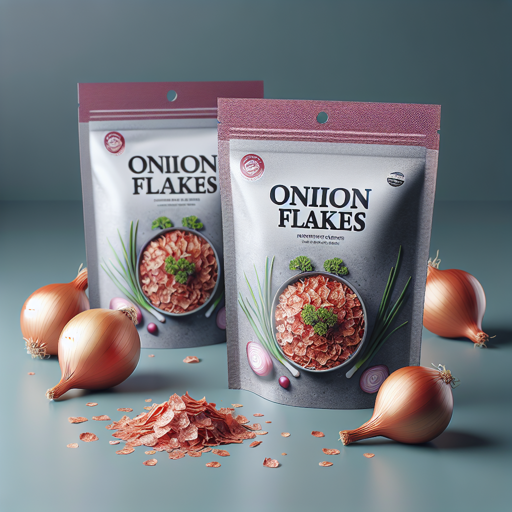 Dried onion flakes in a bowl with a sprinkle of flakes around, showcasing the texture and color of onion flakes in Dharmavara