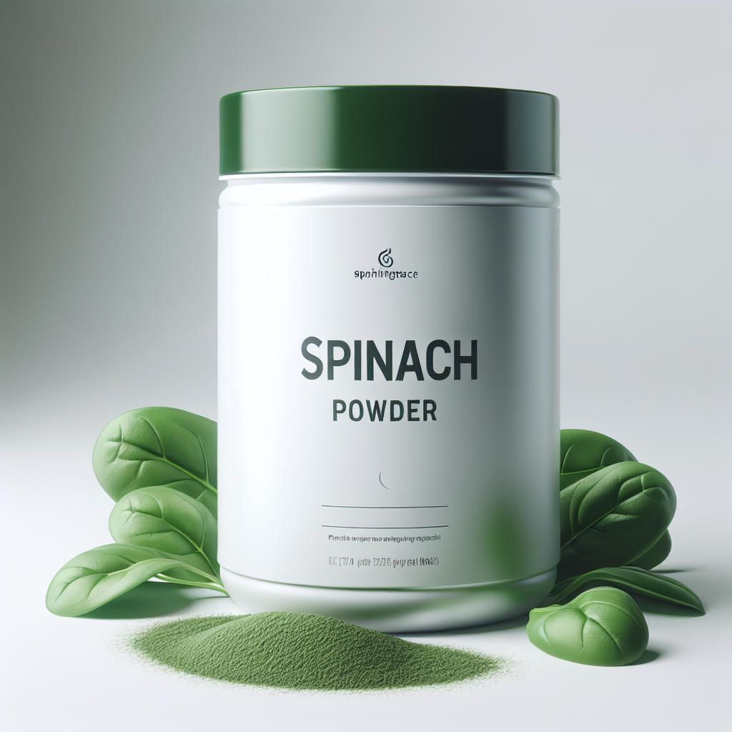 Premium spinach powder in a clear jar with a green label, showcasing its rich, vibrant green color, available at RAMLAXITH FO