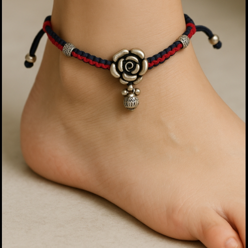 Antique Thread Silver Anklet with Floral Charm - AMBICA JEWELLERS