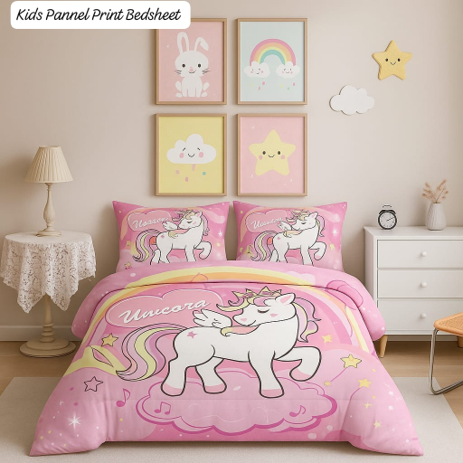 Kids Cartoon Printed King Size Bedsheet with matching cushion covers in Ghaziabad featuring playful and vibrant designs for c - Image 1