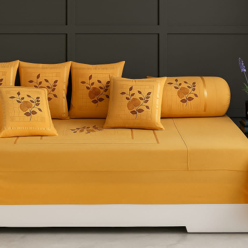 Luxurious Rose Designer Cotton Embroidery 8 Pcs Deewan Set featuring a quilted bedsheet, booster covers, and cushions in GHAZ - Image 1