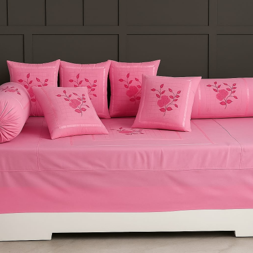Luxurious Rose Designer Cotton Embroidery 8 Pcs Deewan Set featuring a quilted bedsheet, booster covers, and cushions in GHAZ - Image 2