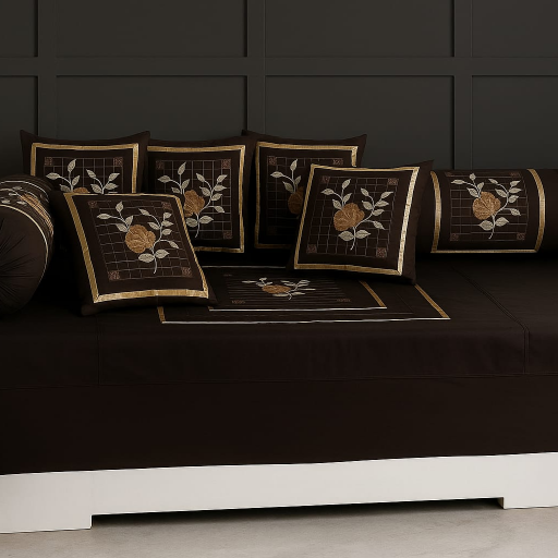 Luxurious Rose Designer Cotton Embroidery 8 Pcs Deewan Set featuring a quilted bedsheet, booster covers, and cushions in GHAZ - Image 3