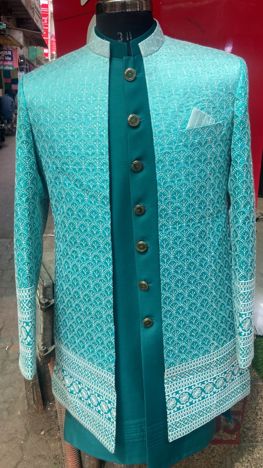 Peacock Green Indo Western Ensemble displayed at Jigar Adani in GJ