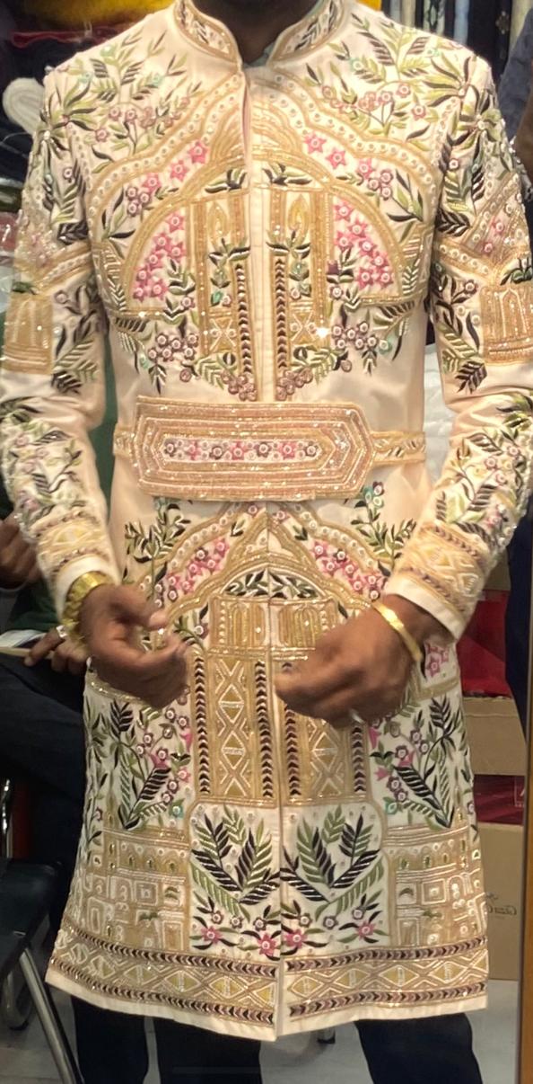 Lucknowi Royal Garden Embroidery Sherwani displayed at Jigar Adani in GJ