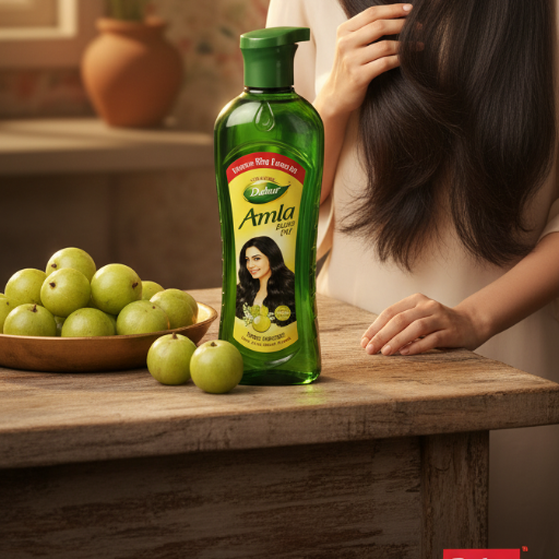 Dabar Amla Hair Oil bottle with green and gold design, showcasing product details in SEMARIYA, ideal for hair strength and sh - Image 1