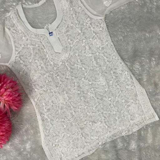 Elegant GEORGETTE JAAL WORK SHORT TOP with intricate designs, available in LUCKNOW, showcasing a stylish and comfortable fit. - Image 1