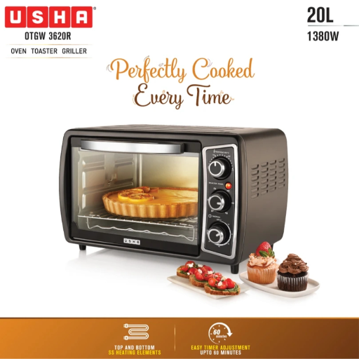 Usha Oven Toaster Griller 20L in sleek black design with control knobs, showcasing its spacious interior for baking in Sahara