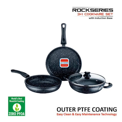 United 4 in 1 Cookware Set featuring four non-stick pots and pans arranged elegantly, showcasing its sleek design and practic