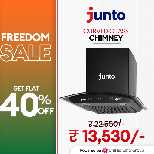 Junto Chimney 60CM with modern design and sleek finish, showcasing powerful suction features in Saharanpur.
