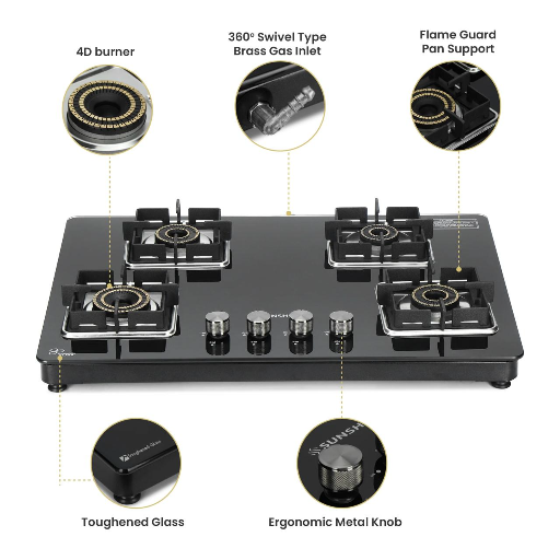 Sunshine Cooktop Shine 4B featuring four burners and metal knobs, designed for efficient cooking in Saharanpur.