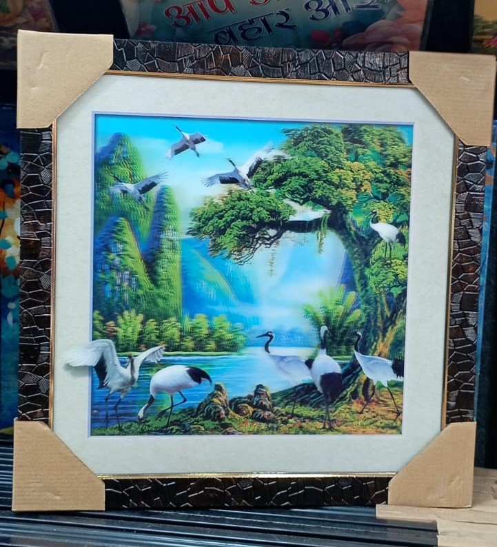 Elegant 16x16 Serene Nature 5D Crane Frame Wall Art Decor featuring cranes surrounded by lush greenery and a tranquil lake in