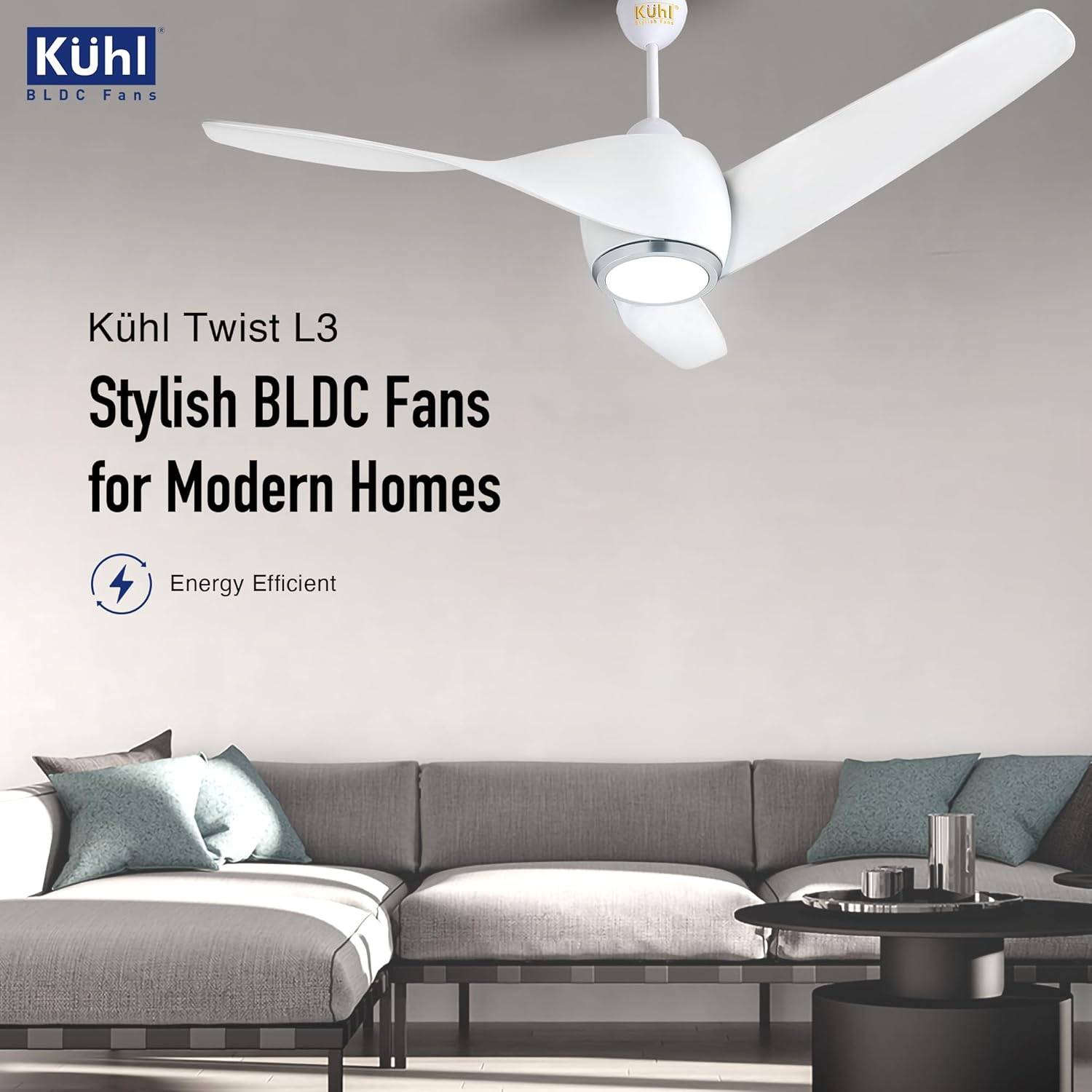 KUHL Twist L3 1320 mm BLDC Ceiling Fan in Bengaluru, showcasing its sleek design and modern features. - Image 1