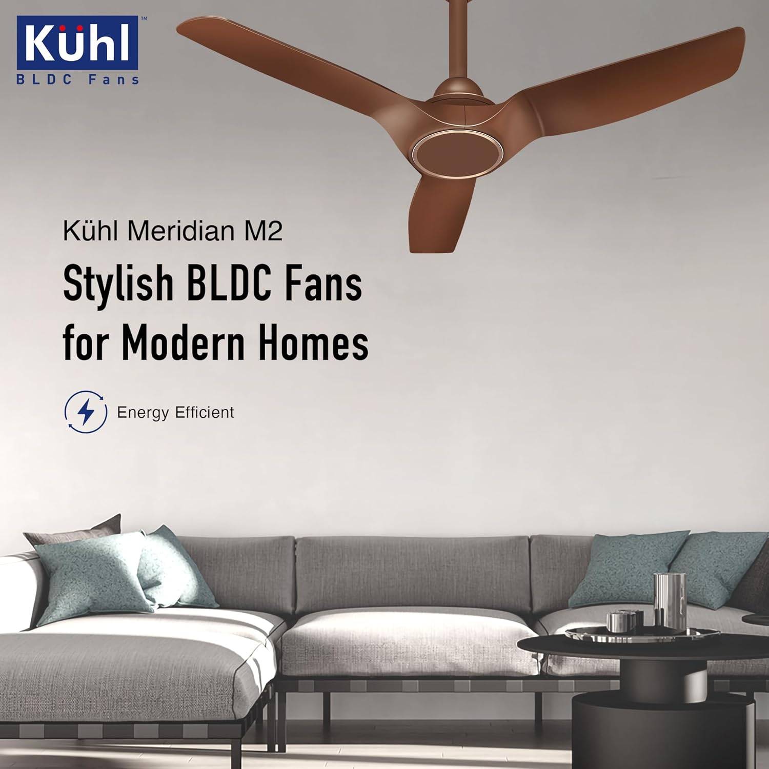Stylish KUHL Meridian M1 ceiling fan displayed in a modern Bengaluru home setting - Image 1