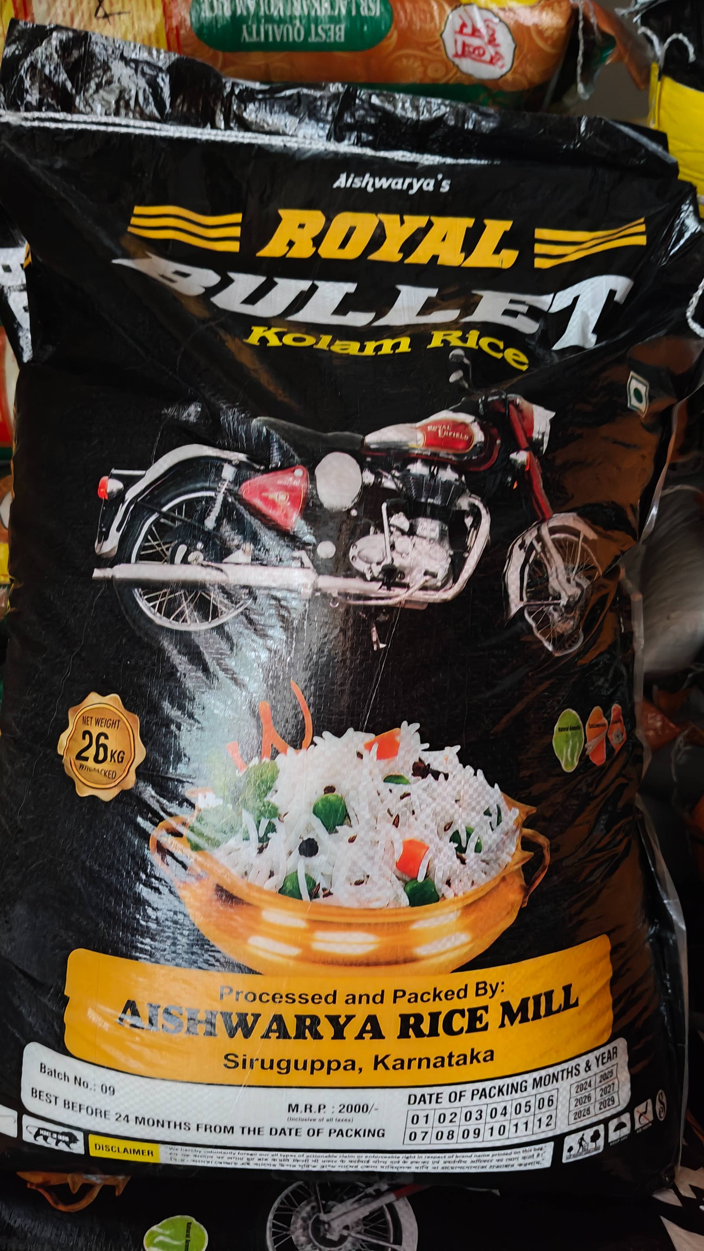 Royal Bullet Daily Rice packaged attractively in a store setting, showcasing its quality and brand, available in Manvi.