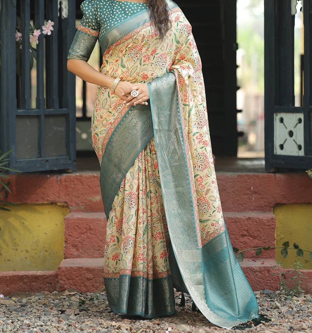 Cream colour phulkari with traditional embroidery from Sonu Phulkari House in Patiala, showcasing intricate designs and craft