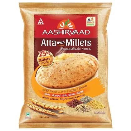 Ashirwad Multigrain Atta package showing vibrant branding and product details, available at JINDAL FLOUR MILL in Moga.