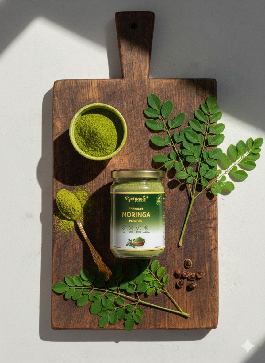 Pyorganic Premium Moringa Powder in Kota — a green powder in a resealable pouch with health benefits.