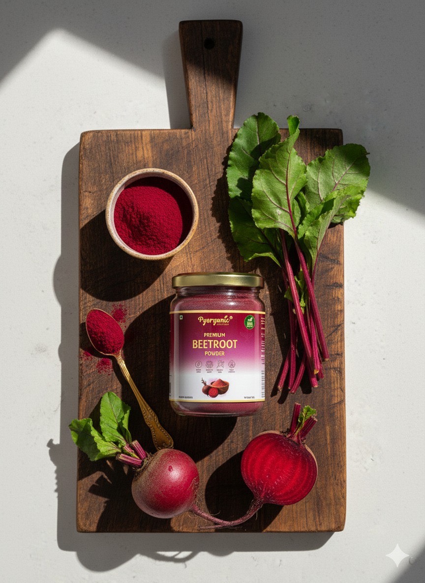 Nutrient-rich Pyorganic Beetroot Powder in Kota, a fine reddish powder ideal for smoothies and baking, packed in a sealed pou