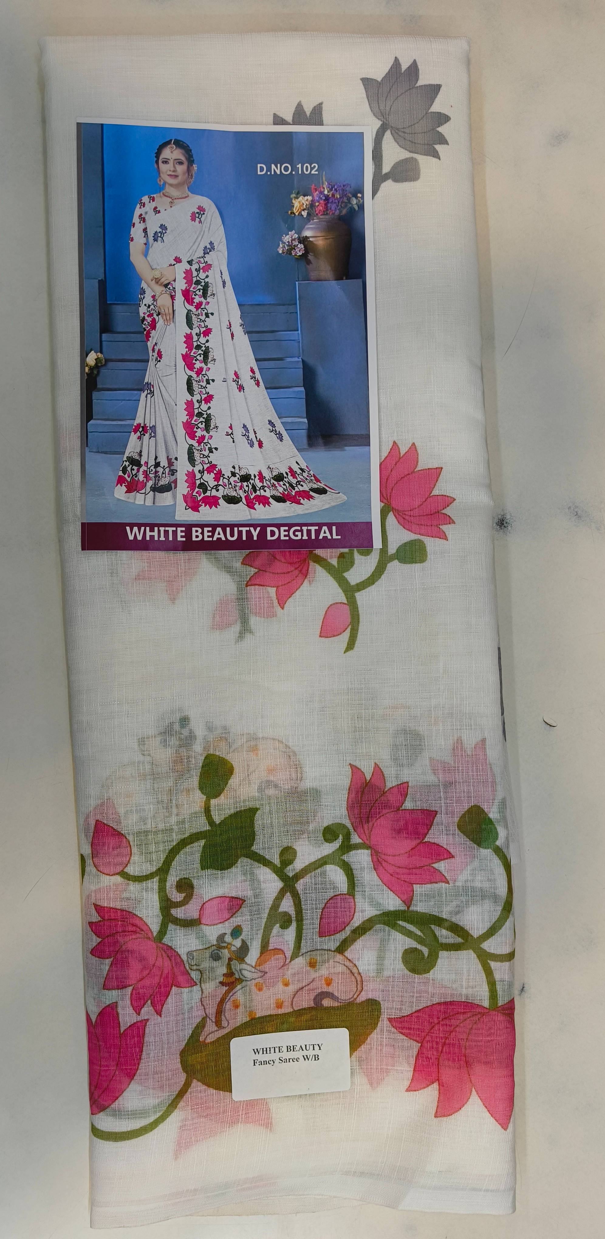 Elegant white Linen Saree draped beautifully in Mumbai, showcasing its lightweight fabric and contemporary design. - Image 2