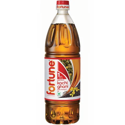 Fortune Mustard Oil 1L bottle with a rich golden color, perfect for enhancing dishes, available at MALLIKA GROCERY STORE in S