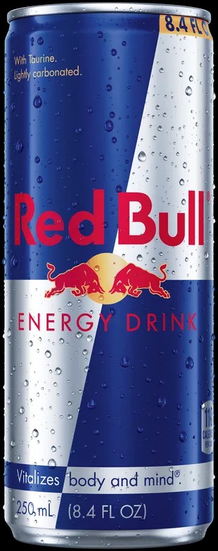 Red Bull Energy Drink in a sleek silver can with vibrant red and blue accents, prominently featuring the product name, placed