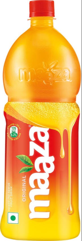 Refreshing Maaza Original Mango Drink in a bottle, showcasing its vibrant yellow color, set against a background of fresh man
