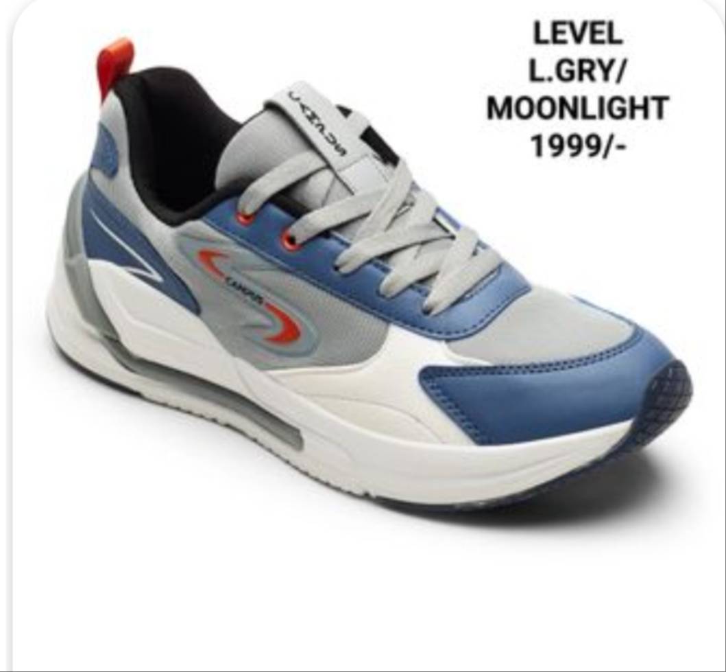 Trendy Level Sneakers in Sanghi Street Moonlight Grey, featuring a grey and blue design, available for men in MHOW.