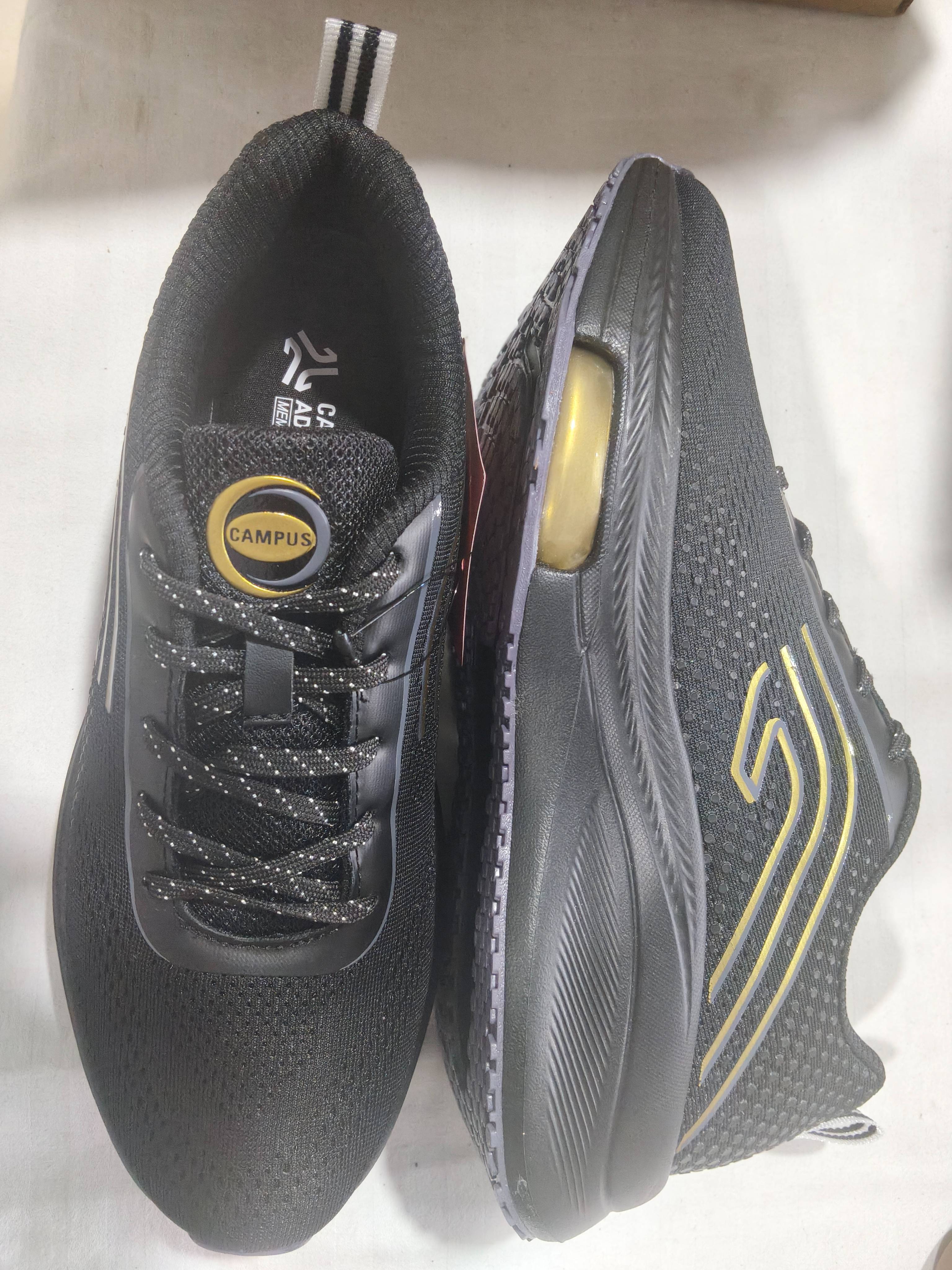 Comfortable black Campus Men's Running Shoes with air-cushioned support, designed for active gents, displayed in MHOW