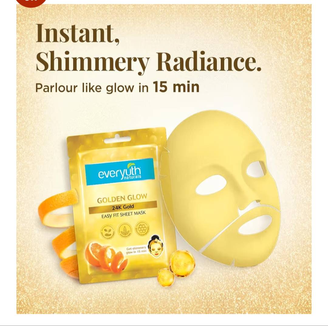 Everyuth Naturals Golden Glow 24K Gold Sheet Mask pack of 3 displayed in Jalandhar, showcasing the luxurious gold-infused ski