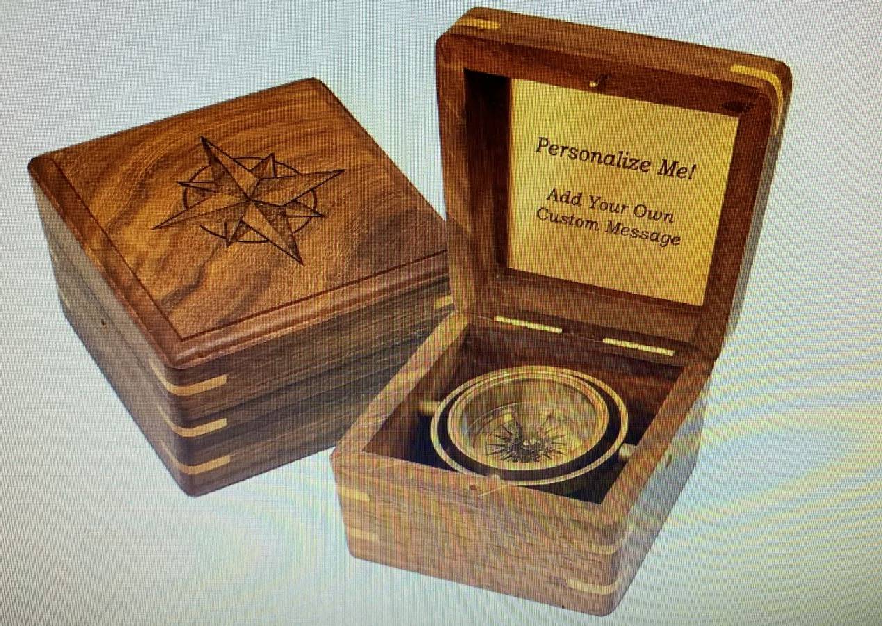 Customizable wooden compass box designed for gifts, featuring intricate craftsmanship and personalization options, available 