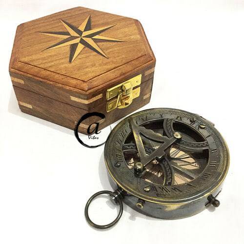 Elegant Vintage Brass Sundial Compass in Bijnor, featuring a detailed brass finish and housed in a handcrafted wooden box.