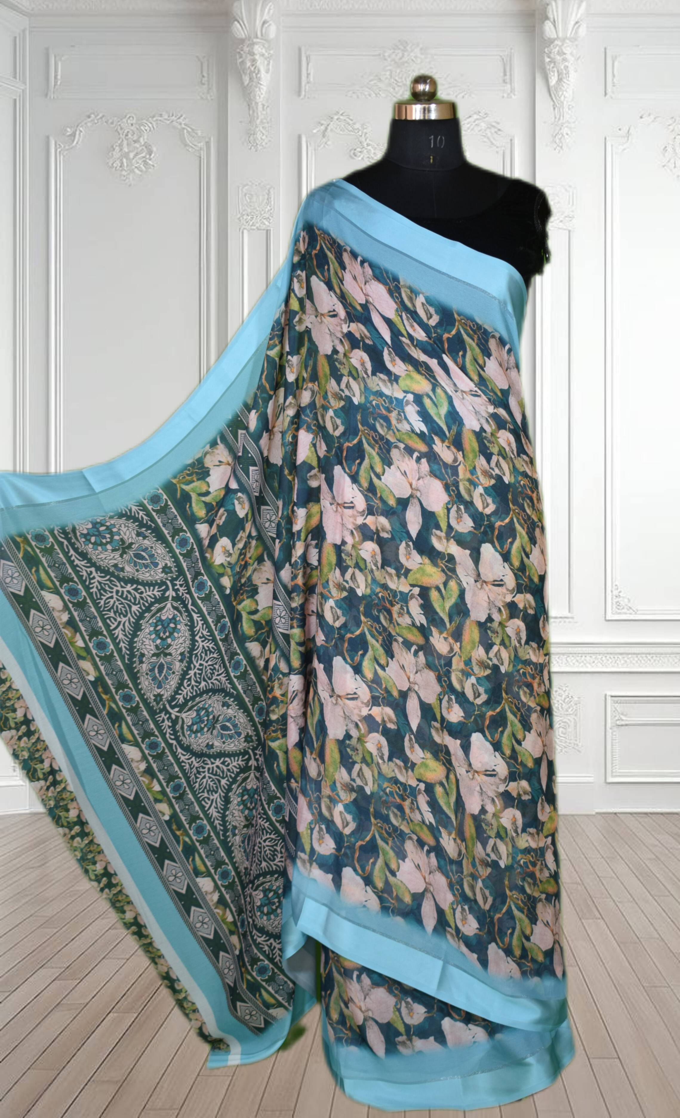 Floral print Ethnic Saree - Shimmer with Satin Patta Border displayed elegantly, showcasing its vibrant colors and luxurious 