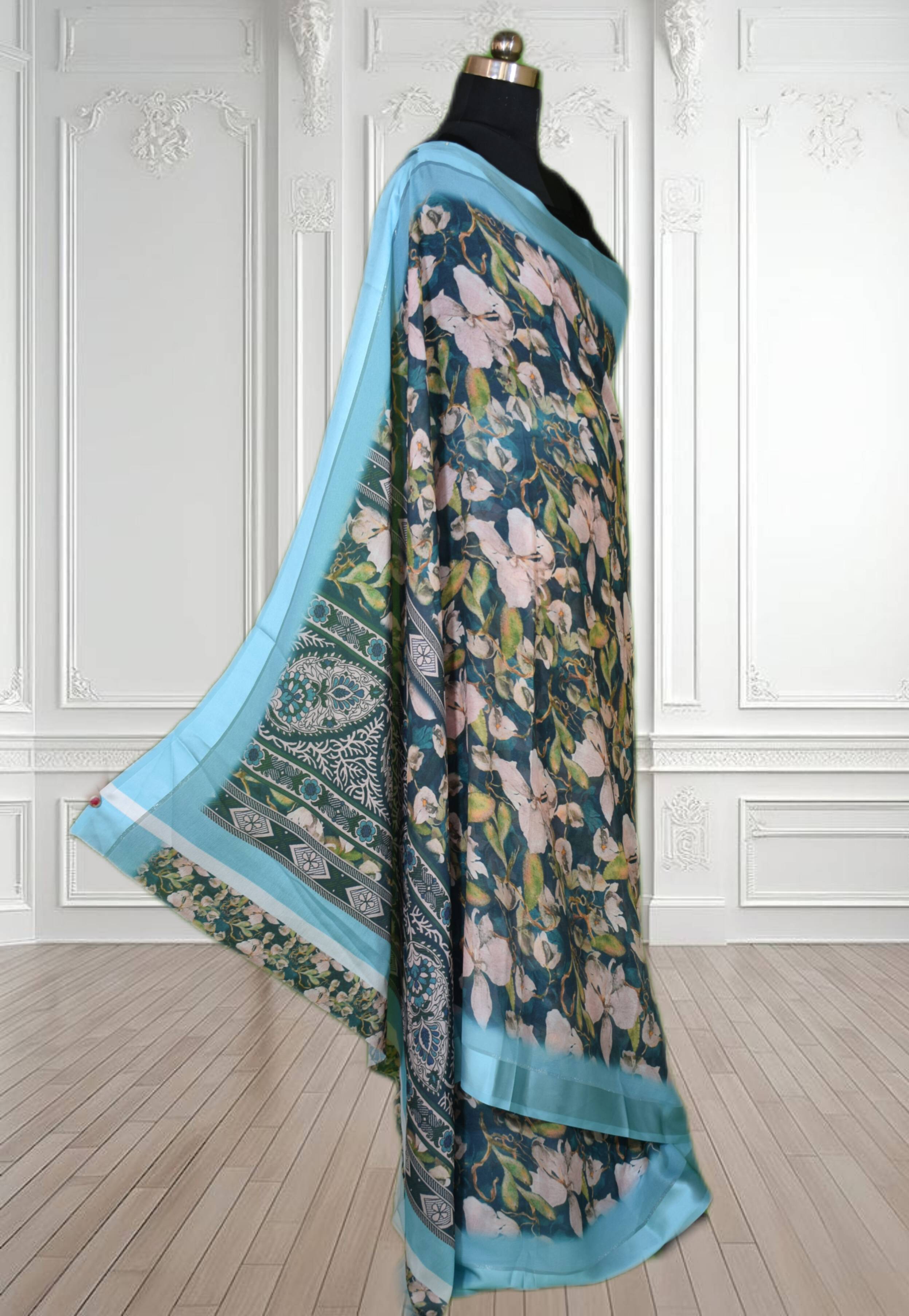 Floral print Ethnic Saree - Shimmer with Satin Patta Border displayed elegantly, showcasing its vibrant colors and luxurious  - Image 1