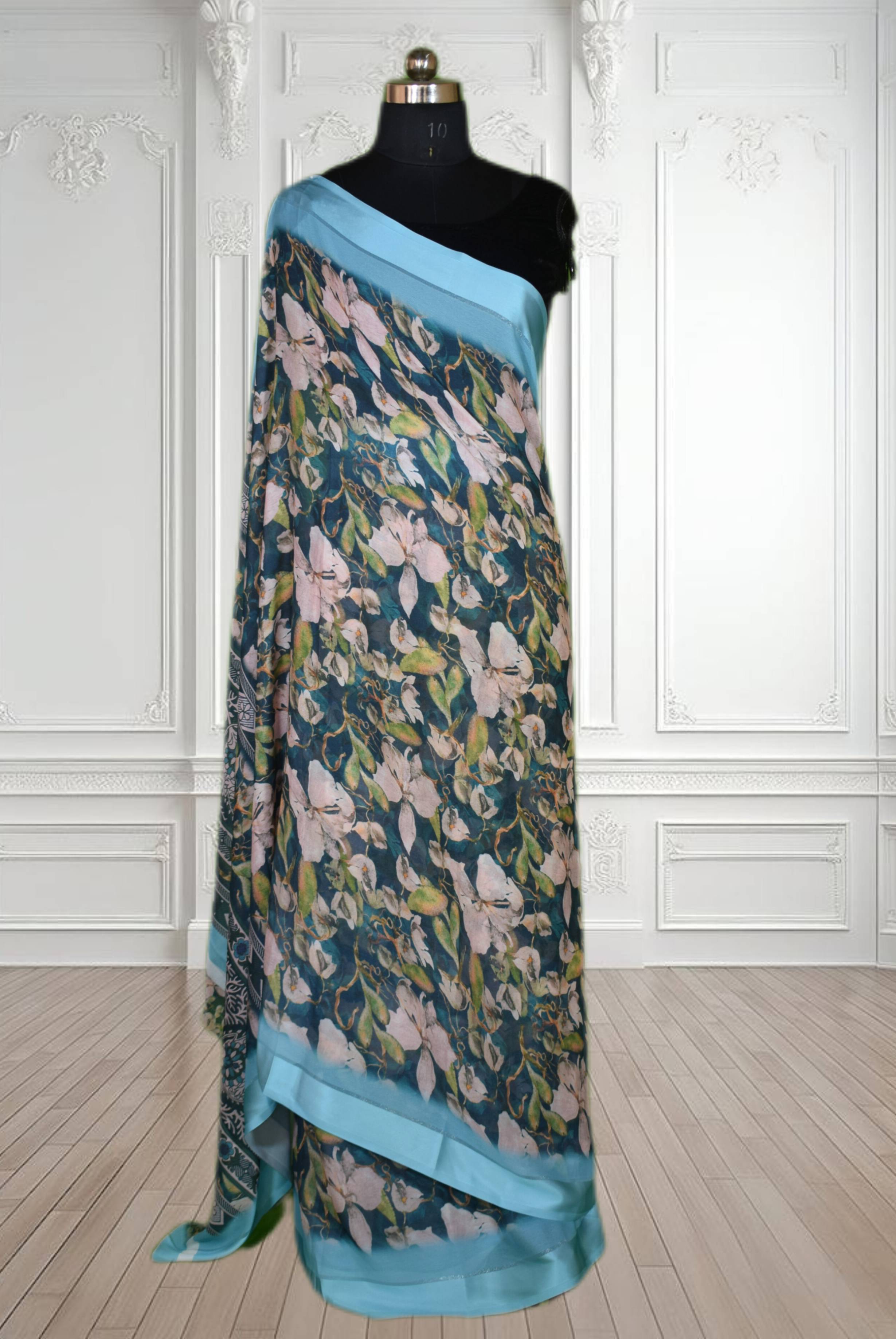 Floral print Ethnic Saree - Shimmer with Satin Patta Border displayed elegantly, showcasing its vibrant colors and luxurious  - Image 3