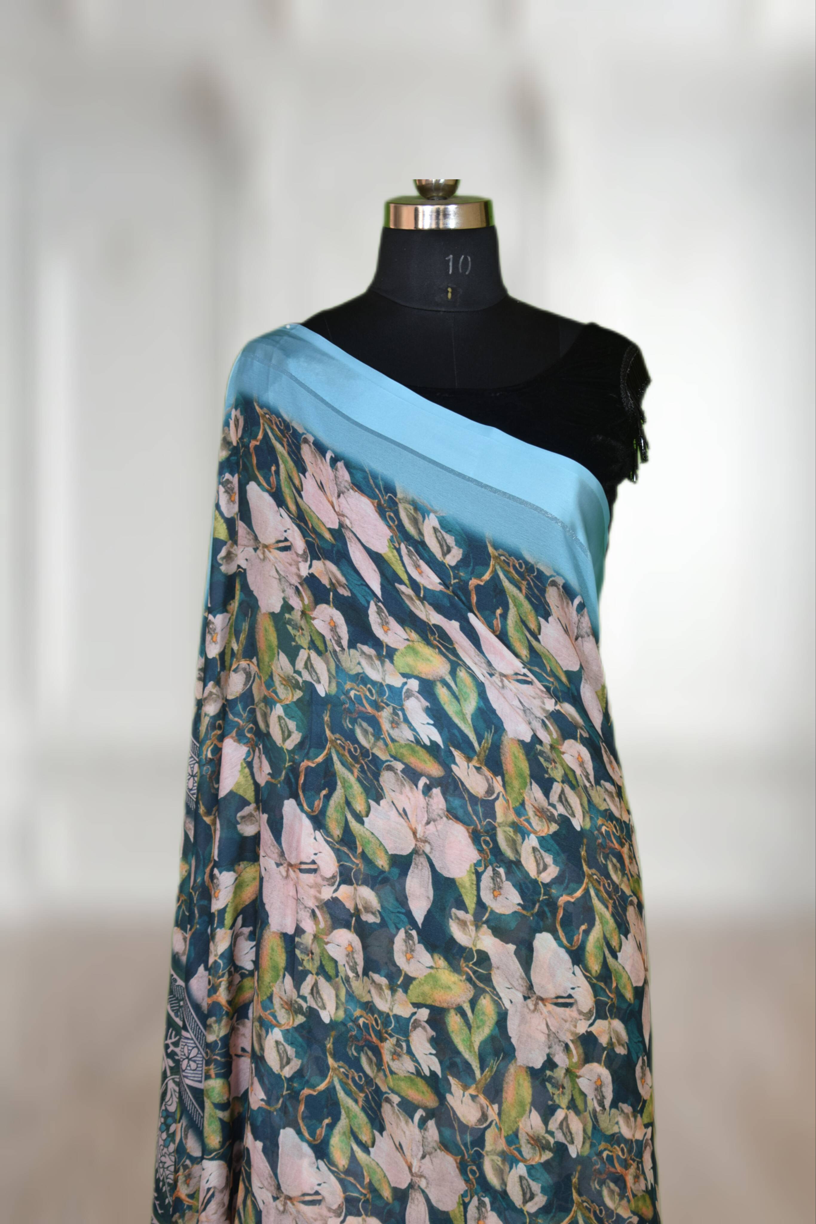 Floral print Ethnic Saree - Shimmer with Satin Patta Border displayed elegantly, showcasing its vibrant colors and luxurious  - Image 4
