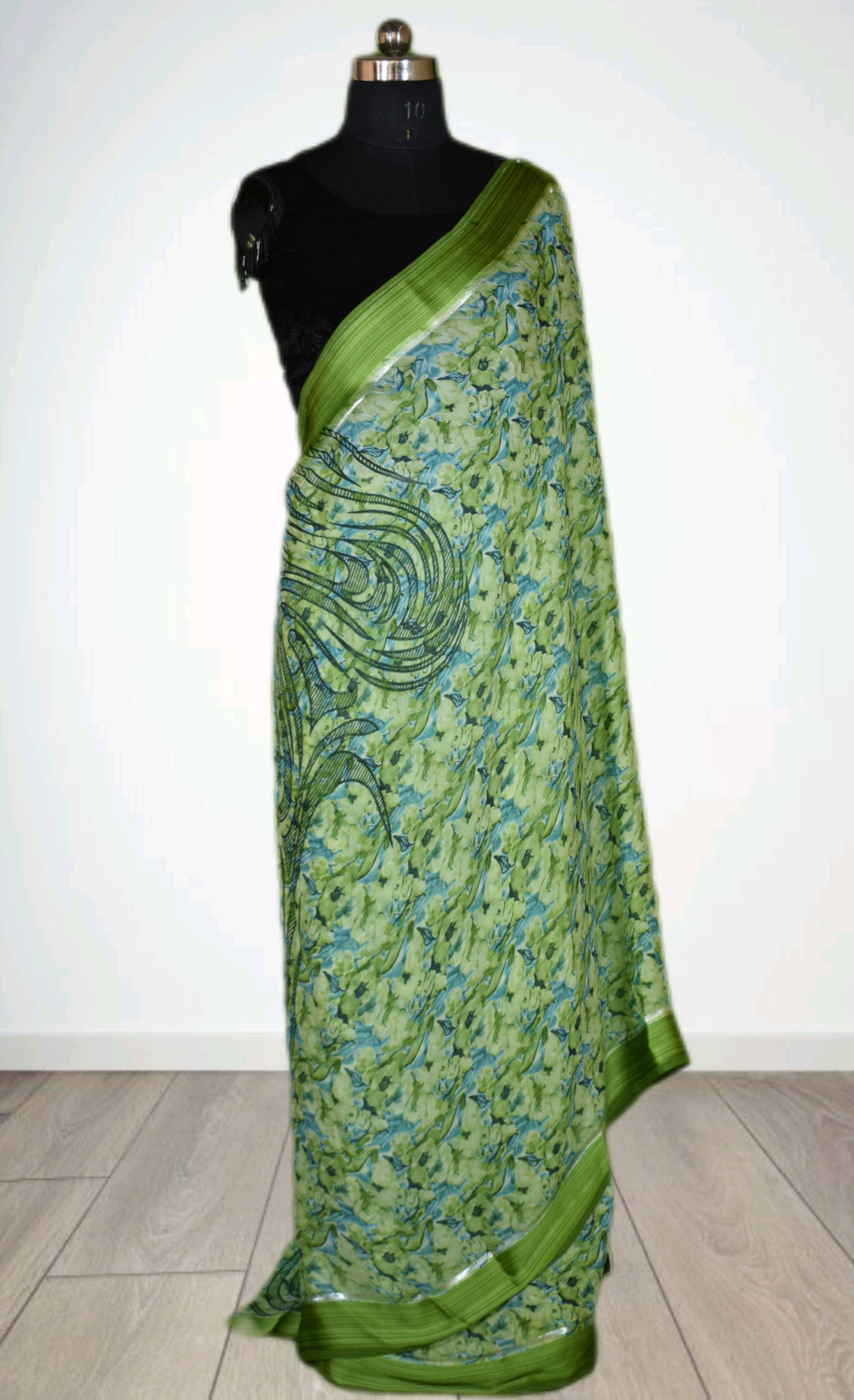 Elegant floral printed satin patta border saree with rich colors and fine detailing, available at SHEETESH SONI in GORAKHPURM