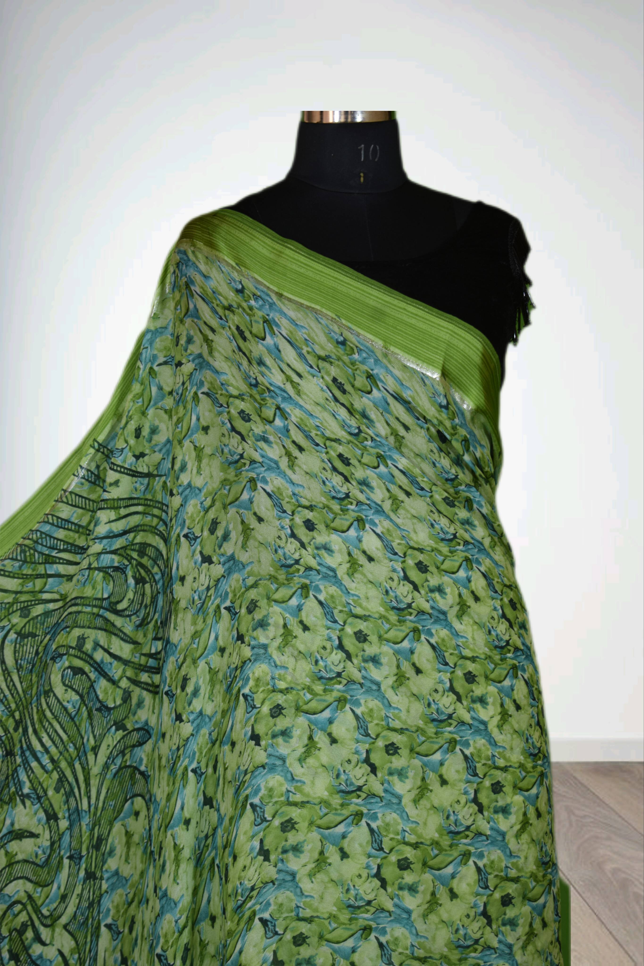 Elegant floral printed satin patta border saree with rich colors and fine detailing, available at SHEETESH SONI in GORAKHPURM - Image 2