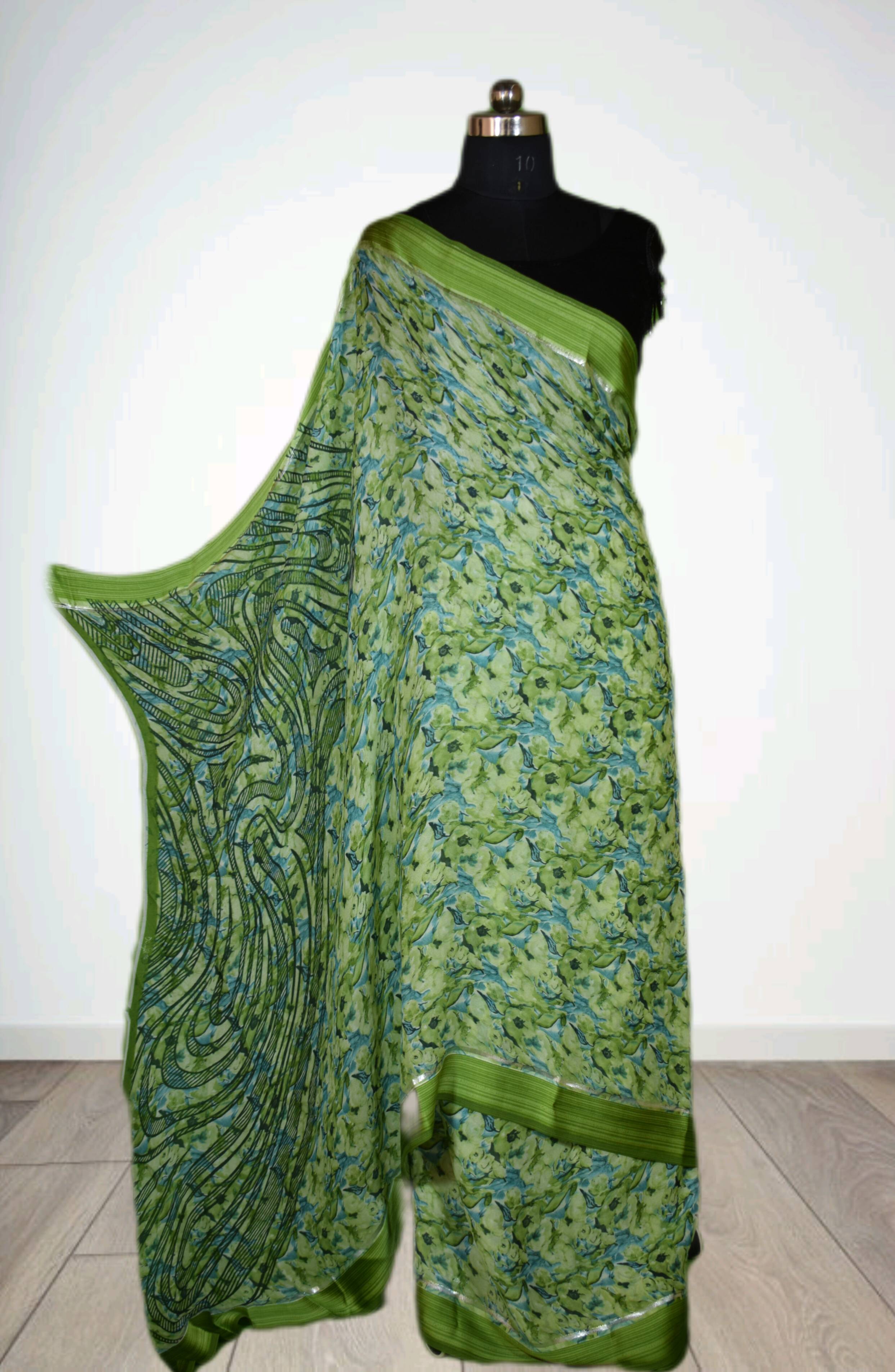 Elegant floral printed satin patta border saree with rich colors and fine detailing, available at SHEETESH SONI in GORAKHPURM - Image 3
