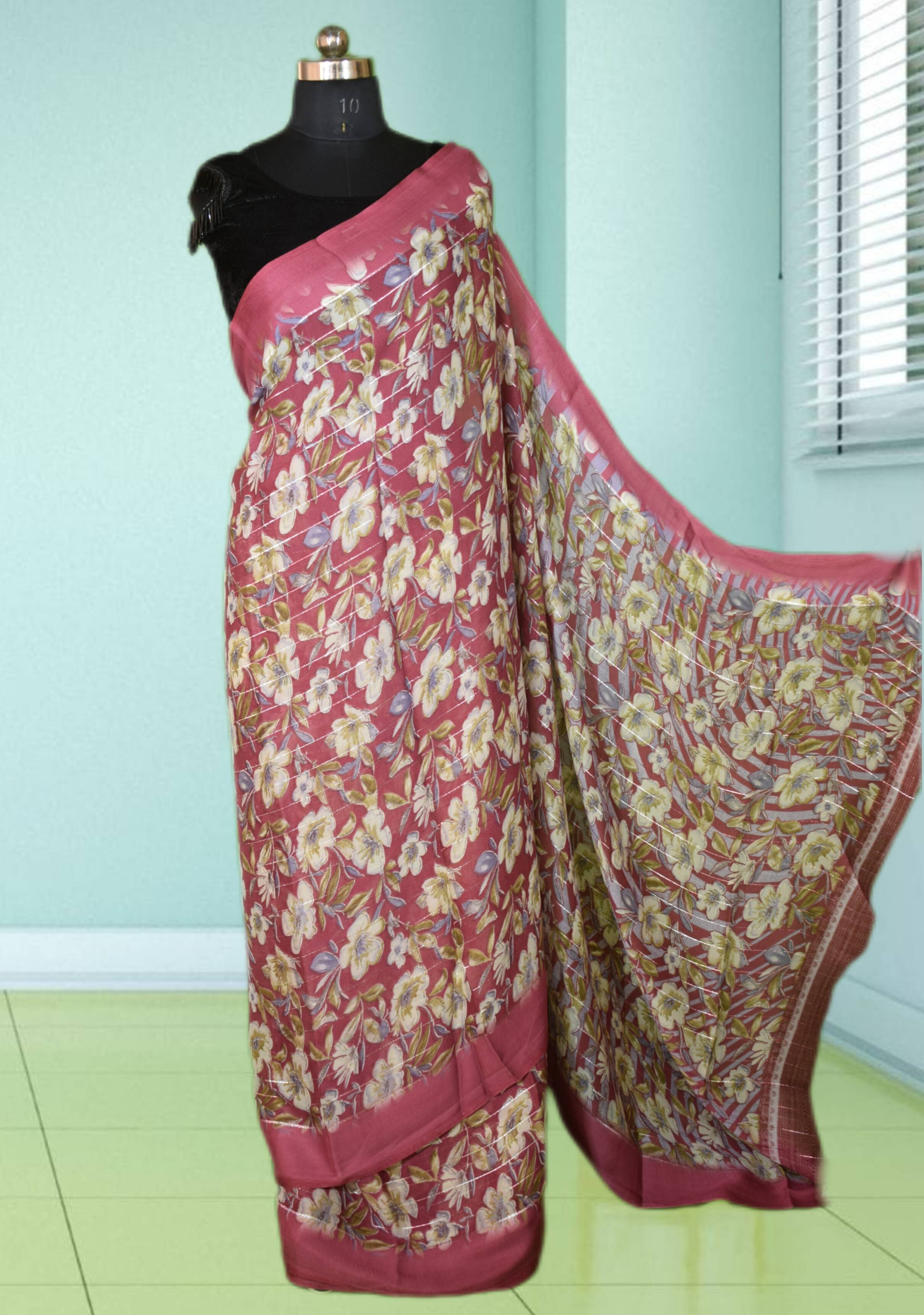 Elegant Shimmer saree in Jabalpur featuring a satin patta and intricate floral work, ideal for ethnic occasions.