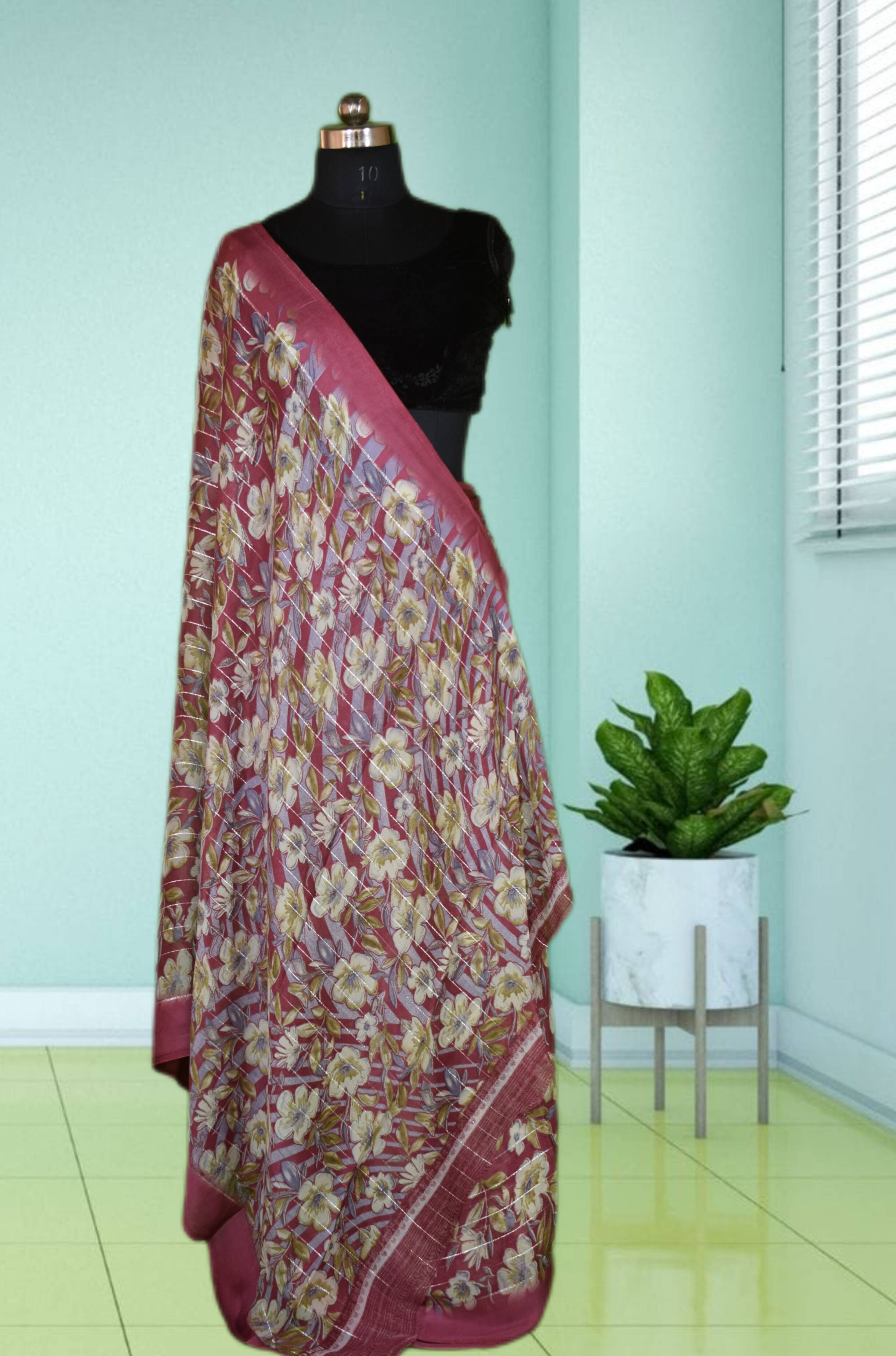 Elegant Shimmer saree in Jabalpur featuring a satin patta and intricate floral work, ideal for ethnic occasions. - Image 2